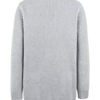 Men's classic grey ribbed knit sweater, stylish winter crewneck pullover, featuring long sleeves and a cozy woolen texture.