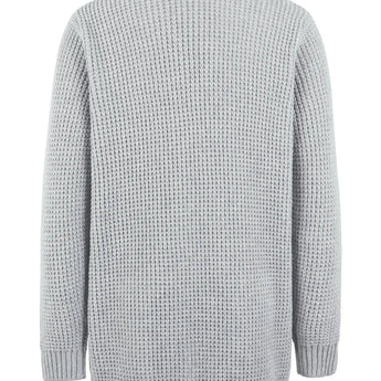 Men's classic grey ribbed knit sweater, stylish winter crewneck pullover with long sleeves.