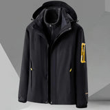 Men's color-block hooded windbreaker jacket in black, size XL, featuring long sleeves, a collar, and pockets. The jacket is lightweight and stylish with contrasting color elements.
