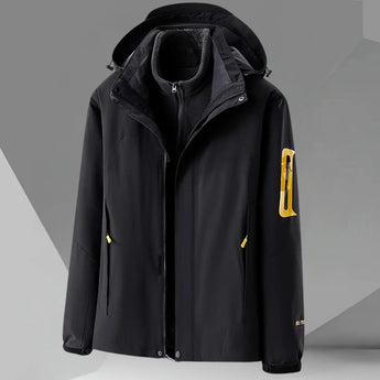 Men's color-block hooded windbreaker jacket in black, size XL, featuring long sleeves, a collar, and pockets. The jacket is lightweight and stylish with contrasting color elements.