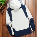 Men's lightweight color-block hooded windbreaker jacket with long sleeves and a stylish design.