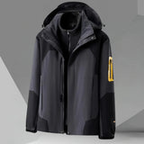 Men's gray color-block hooded windbreaker jacket in XL with lightweight fabric, featuring long sleeves and a stylish design.