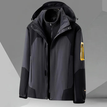Men's gray color-block hooded windbreaker jacket in XL with lightweight fabric, featuring long sleeves and a stylish design.