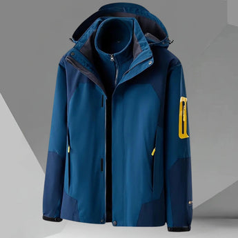 Men's lightweight color-block hooded windbreaker jacket in blue and grey featuring a stylish design, XL size, with a collar and long sleeves.