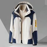 Men's color-block hooded windbreaker jacket in white, size XL, featuring a stylish design with a lightweight fabric, long sleeves, and a high collar.