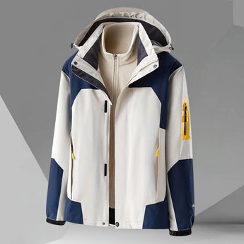 Men's color-block hooded windbreaker jacket in white, size XL, featuring a stylish design with a lightweight fabric, long sleeves, and a high collar.