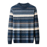 Men's blue Fair Isle woolen sweater displayed on a clothes hanger, featuring a cozy winter knit pattern with long sleeves.