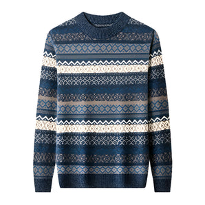Men's blue Fair Isle woolen sweater displayed on a clothes hanger, featuring a cozy winter knit pattern with long sleeves.