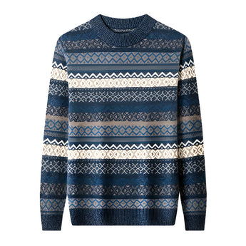Men's blue Fair Isle woolen sweater displayed on a clothes hanger, featuring a cozy winter knit pattern with long sleeves.