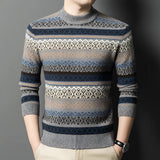 Men's cozy brown Fair Isle woolen sweater in size 3XL featuring intricate knit patterns, with long sleeves and a comfortable crew neck design, perfect for winter wear.
