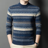 Men's cozy blue Fair Isle woolen sweater featuring intricate patterns on the shoulders and sleeves, shown in a size 3XL, highlighting the neckline and comfortable fit suitable for winter wear.