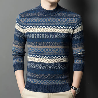 Men's cozy blue Fair Isle woolen sweater featuring intricate patterns on the shoulders and sleeves, shown in a size 3XL, highlighting the neckline and comfortable fit suitable for winter wear.