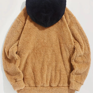 Men's brown teddy fleece pullover with a crew neck design, featuring long sleeves and a soft woolen texture.