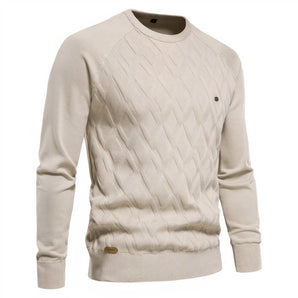 Men's cream crewneck sweater with a diamond pattern, shown in persimmon color, size XL, featuring long sleeves and a knit texture.