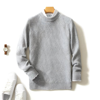 Men's light grey wool crew neck sweater featuring a subtle geometric pattern with long sleeves.