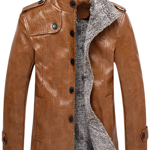 Men's khaki crocodile texture faux leather jacket in size 4XL, featuring a stylish winter coat design with a classic collar and long sleeves.