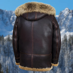 Men's dark brown leather bomber jacket with fur trim, featuring insulated lining and designed for cold weather.