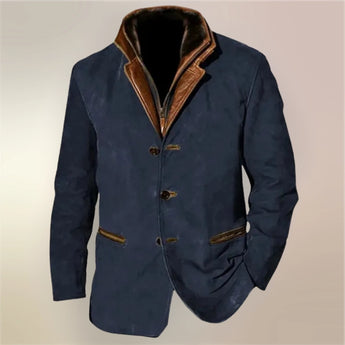 Men's olive green suede blazer featuring a classic collar, button closure, and long sleeves, ideal for business casual winter wear.