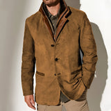Men's olive green suede blazer with a classic collar and long sleeves, styled over a white dress shirt.