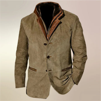 Men's olive green suede blazer with a collar and button closure, designed for business casual winter wear.