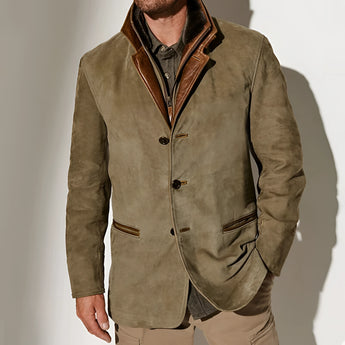 Men's olive green suede blazer with a classic collar and button closure, designed for business casual winter wear in a size 3XL.