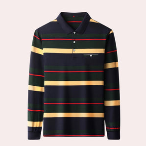Men's navy blue designer long-sleeve polo shirt with a stylish striped pattern, featuring a classic collar and suitable for fall fashion.