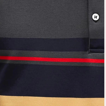 Men's designer striped long-sleeve polo shirt in navy, featuring a stylish and modern pattern suitable for fall fashion.