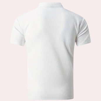 Men's designer white polo shirt with short sleeves, featuring a classic collar and button-up front, crafted from lightweight and breathable fabric.
