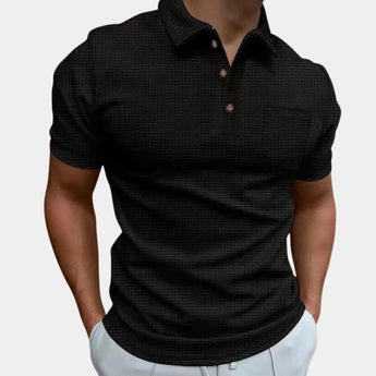 Men's designer white polo shirt featuring lightweight, breathable fabric with short sleeves, displayed in a black color variant in size 3XL.
