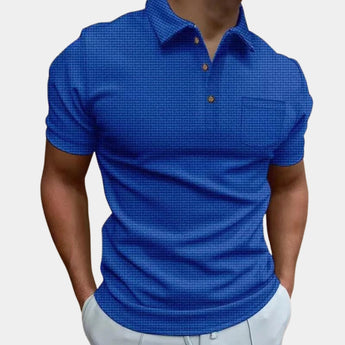 Men's designer blue polo shirt, 3XL size, featuring short sleeves and lightweight breathable fabric.