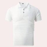 Men's designer white polo shirt featuring a lightweight, breathable fabric and short sleeves, with a classic collar and button-down front, suitable for sportswear or formal wear.
