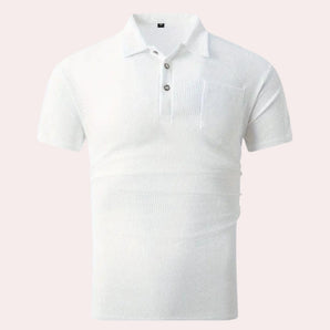 Men's designer white polo shirt featuring a lightweight, breathable fabric and short sleeves, with a classic collar and button-down front, suitable for sportswear or formal wear.