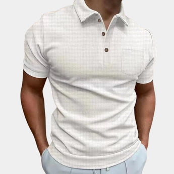Men's designer white polo shirt in size 3XL, featuring short sleeves, a classic collar, and a lightweight, breathable fabric.