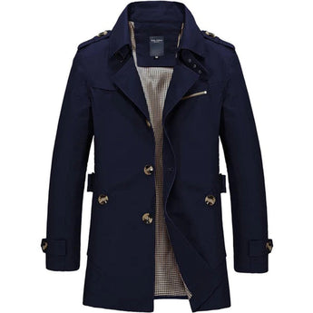 Dark blue men's double-breasted waterproof military trench coat in 2XL size, featuring a formal design with buttons, a collar, and long sleeves.
