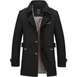 Men's black double-breasted waterproof military trench coat in size 2XL, featuring a classic collar, long sleeves, and multiple buttons, designed with a sleek and sophisticated appearance.
