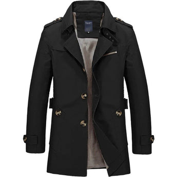 Men's black double-breasted waterproof military trench coat in size 2XL, featuring a classic collar, long sleeves, and multiple buttons, designed with a sleek and sophisticated appearance.