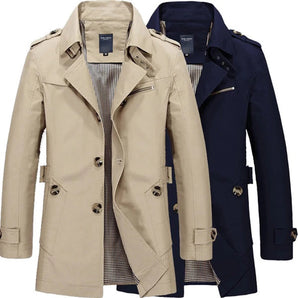 Men's double-breasted white trench coat with military-style design, featuring a notched collar and long sleeves, shown in an overcoat form.