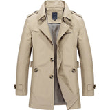 Men's light khaki double-breasted waterproof military trench coat in size 2XL, featuring a tailored fit with a classic collar, long sleeves, button closure, and fashion-forward design suitable for formal wear.