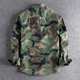 Men's durable military camo style jacket featuring a camouflage pattern, long sleeves, and a collar, designed as tactical outerwear.