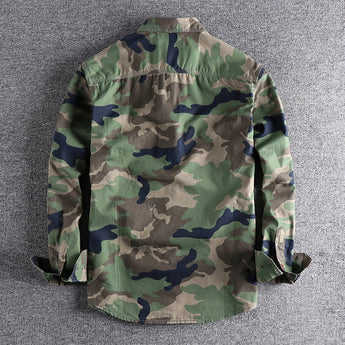 Men's durable military camo style jacket featuring a camouflage pattern, long sleeves, and a collar, designed as tactical outerwear.