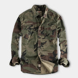 Men's durable military camo style jacket in a classic camouflage pattern, featuring long sleeves, a collar, and tactical design elements in a 3XL size.