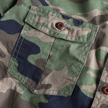 Men's durable military-style camouflage jacket featuring a mix of brown, grey, and beige tones, with long sleeves and tactical outerwear design.