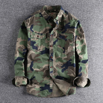 Men's military camouflage style jacket, featuring a durable and tactical design with long sleeves, a collar, and a classic camouflage pattern, suitable for outerwear and personal protection.