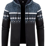 Men's blue ethnic print knit hoodie in size 3XL, featuring a warm winter zip cardigan design with a patterned fabric. The hoodie has long sleeves and a collar, showcasing vibrant electric blue and magenta colors.