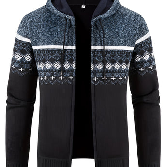 Men's blue ethnic print knit hoodie in size 3XL, featuring a warm winter zip cardigan design with a patterned fabric. The hoodie has long sleeves and a collar, showcasing vibrant electric blue and magenta colors.