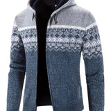 Men's grey ethnic print knit hoodie with a warm woolen texture, featuring long sleeves and a zip-up front, styled like a cardigan with a comfortable collar.