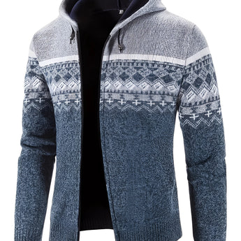 Men's grey ethnic print knit hoodie with a warm woolen texture, featuring long sleeves and a zip-up front, styled like a cardigan with a comfortable collar.