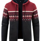 Men's Red Ethnic Print Knit Hoodie in 3XL featuring a zip closure, warm winter material, and intricate patterns, displayed on a mannequin.