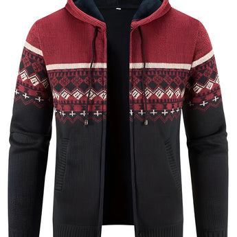 Men's Red Ethnic Print Knit Hoodie in 3XL featuring a zip closure, warm winter material, and intricate patterns, displayed on a mannequin.