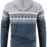 Men's ethnic print knit hoodie with zip, featuring a grey color, long sleeves, and a patterned woolen textile.